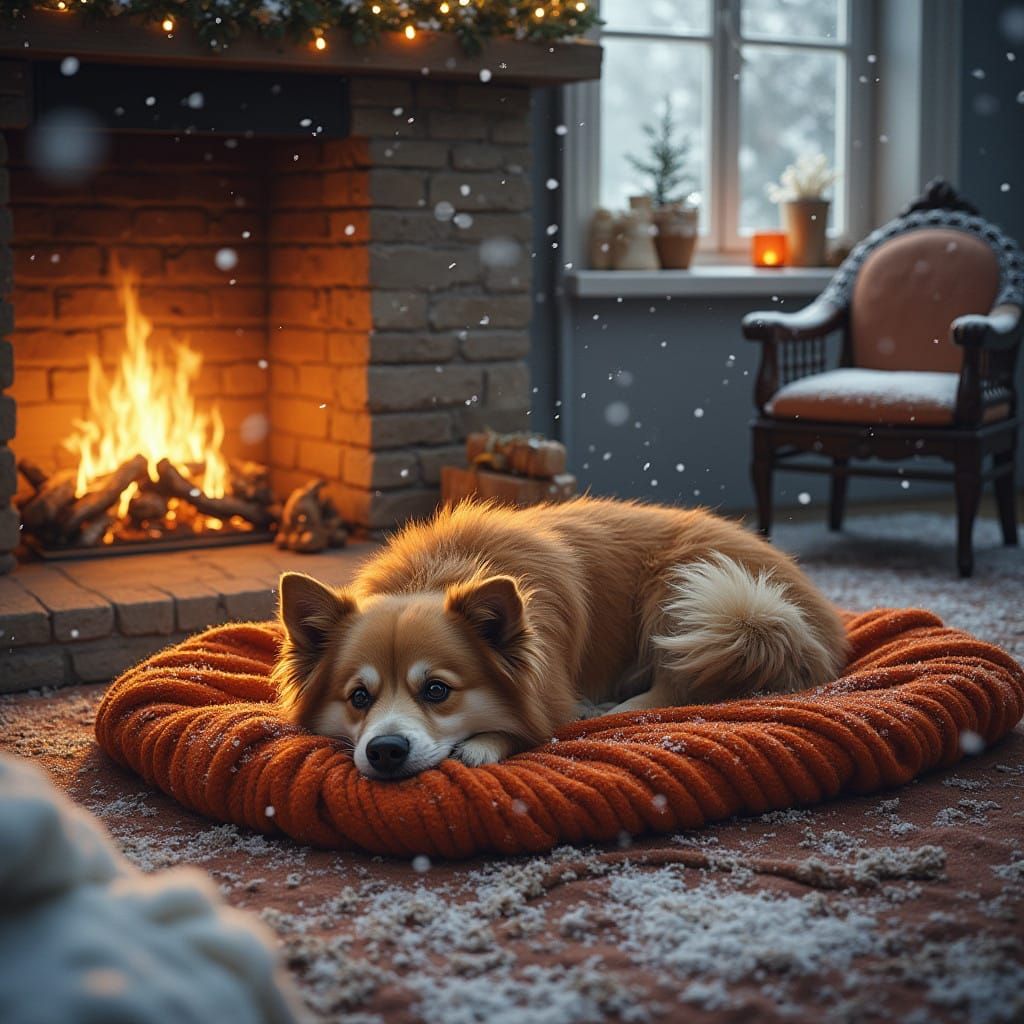 Warm Winter Scene of a Sleeping Dog on a Cozy Sofa