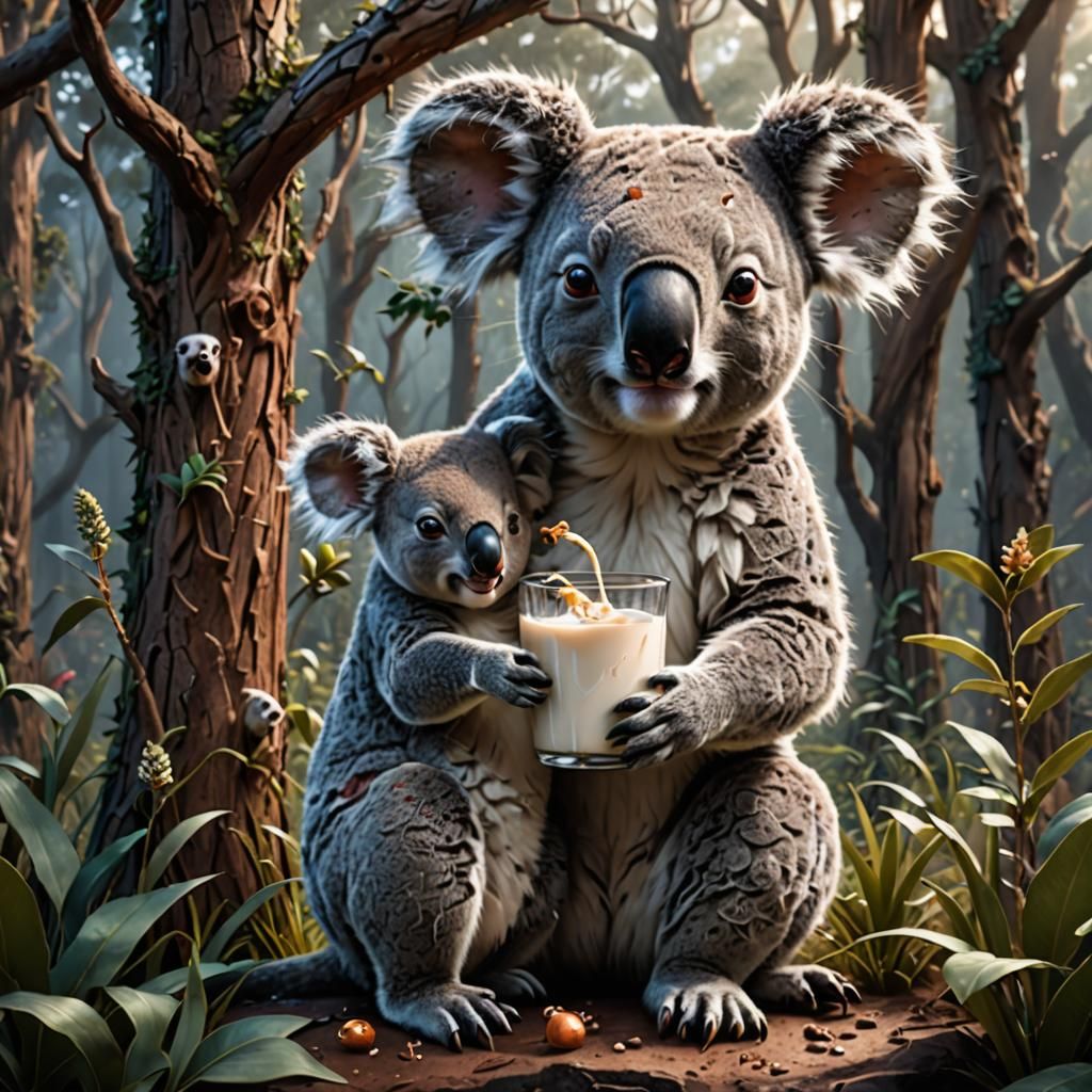 Koala Mum Feeds Baby Deer: Detailed Matte Painting