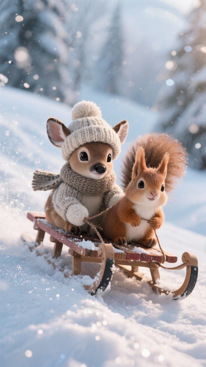 Adorable Baby Animals Sleighing Down Snowy Hill