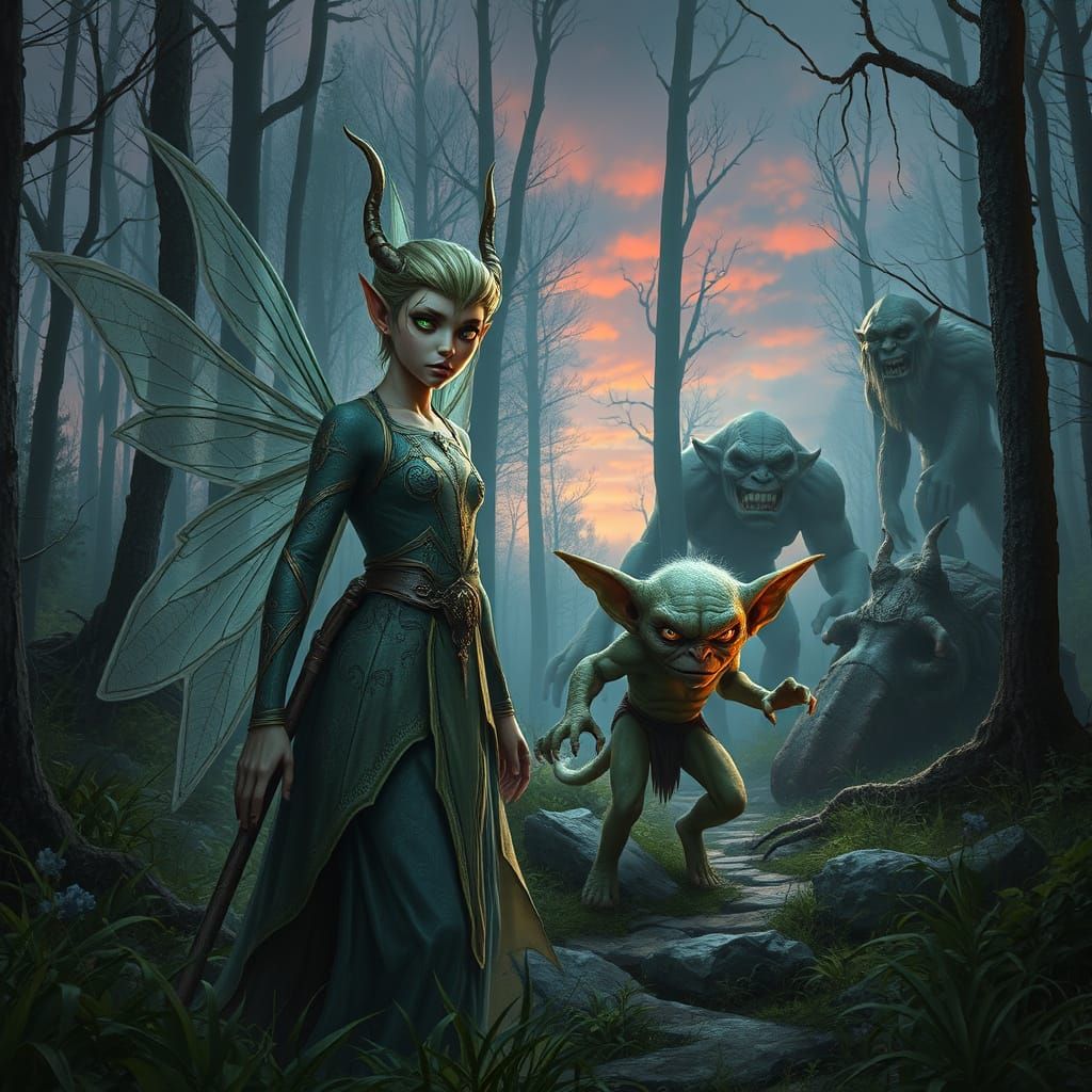 Hyperrealistische Fantasy-Landschaft mit Elfen und Gremlin i...