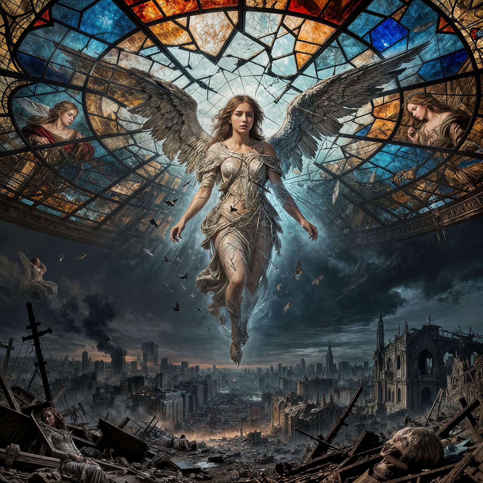 Angel Descends on War-Torn Cityscape in Dramatic Digital Art