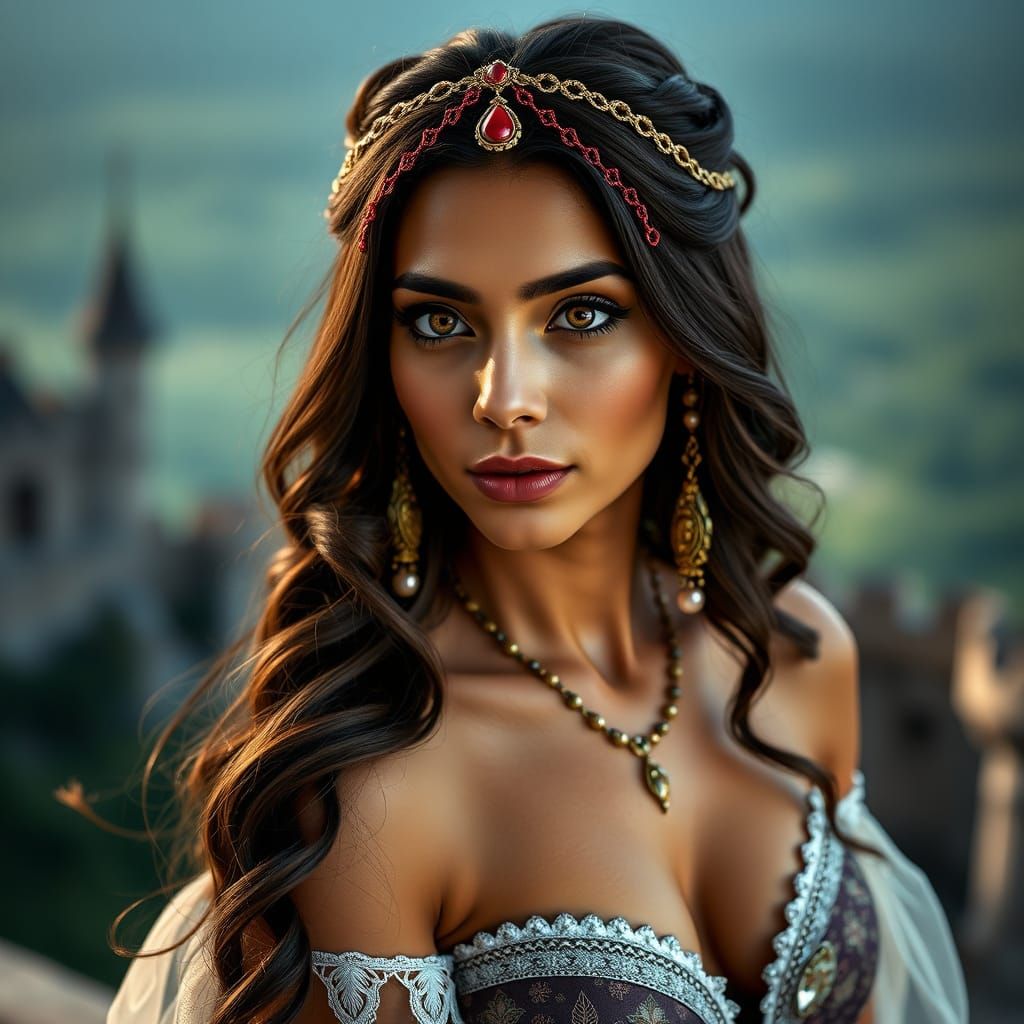 Exotic Princess Portrait in Elegant Castle Setting