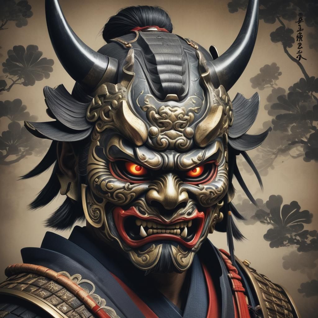 Samurai in Oni Mask with Detailed Background