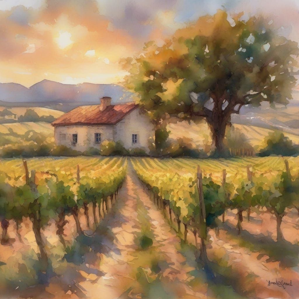 Golden Hour Vineyard Serenity in Impressionistic Watercolor