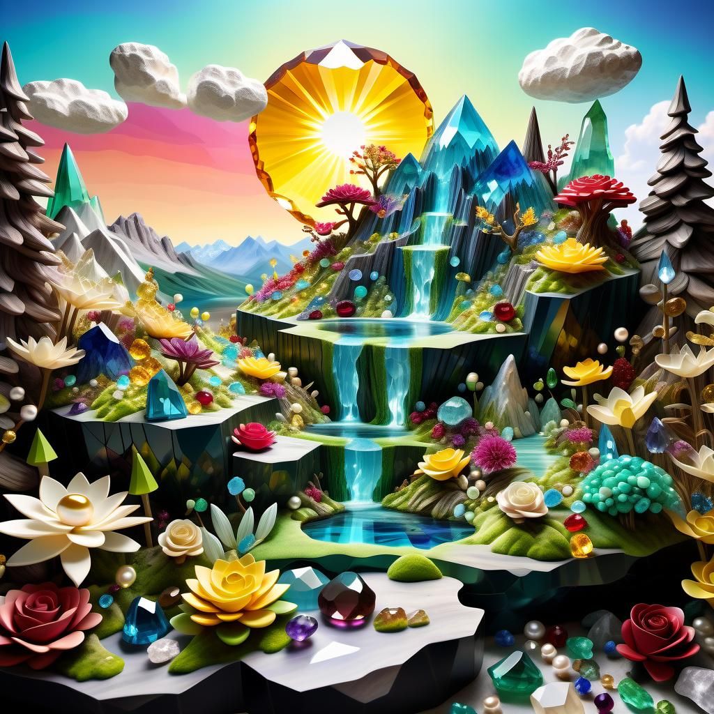 Surreal Gemstone Fantasy World Illuminated by Sunset