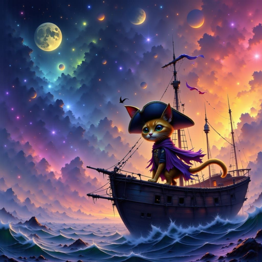 Anthropomorphic Cat Pirate on Dreamlike Sea