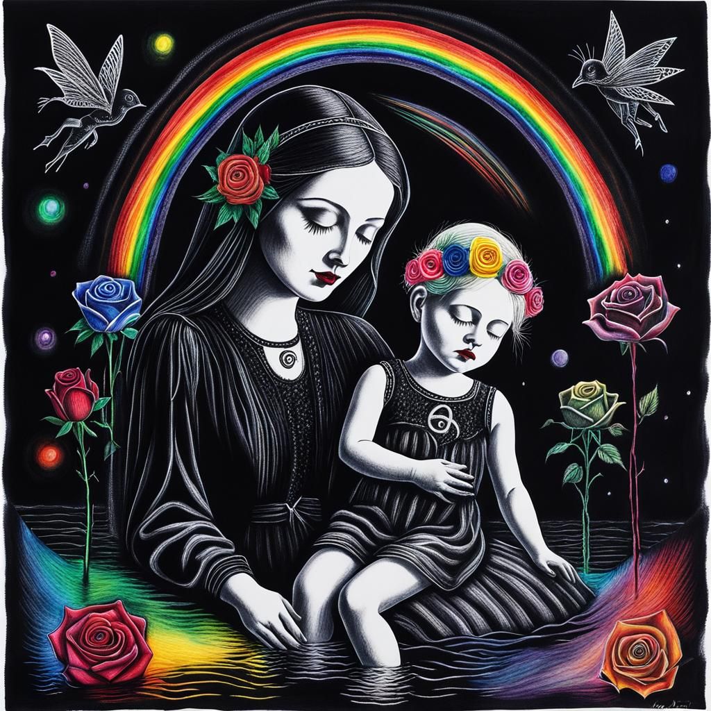Surreal Crayon Drawing: Goth Mother and Child