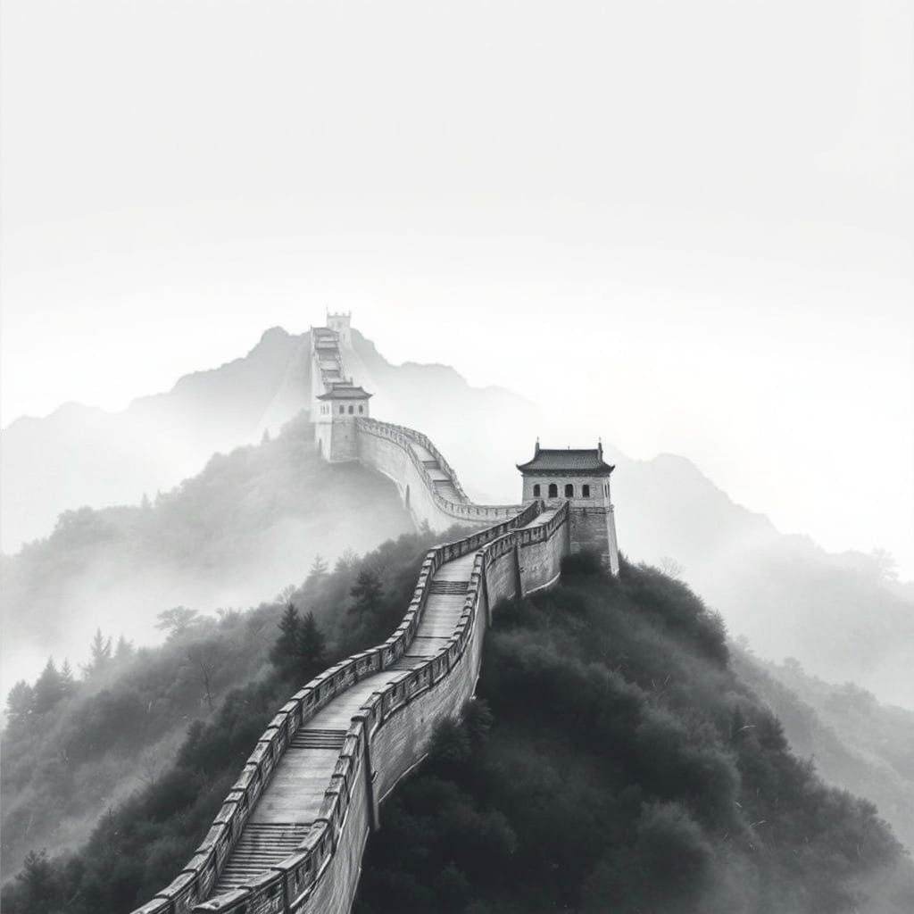 Monochrome Watercolor Painting of the Great Wall Rising from...