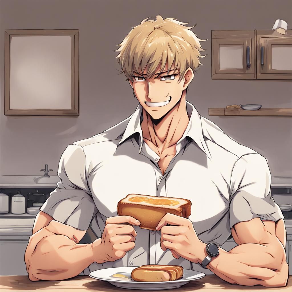 Buff Man With Toast in Anime Style