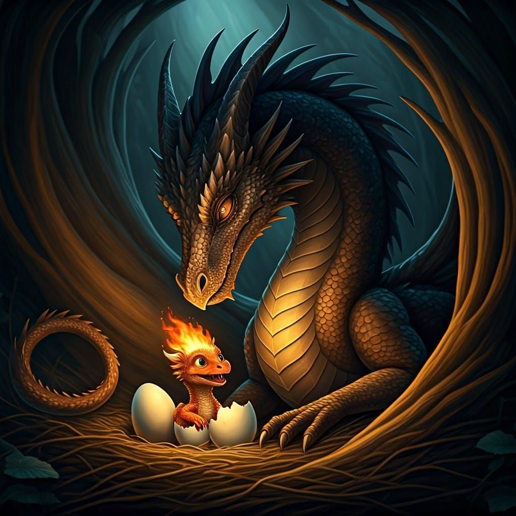 Dragon Mother and Hatchling in Surreal Digital Art