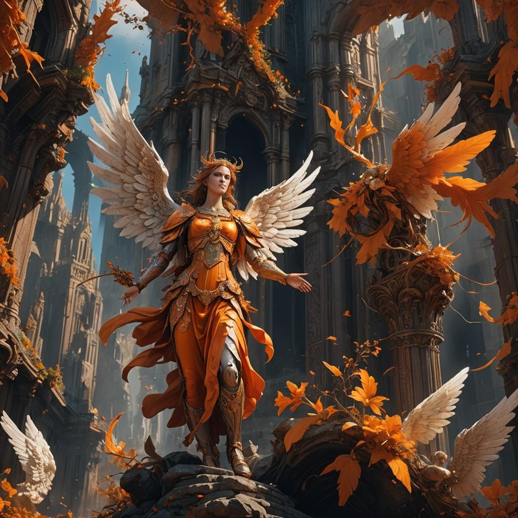 Fantastical Angel in Orange, Detailed Digital Art