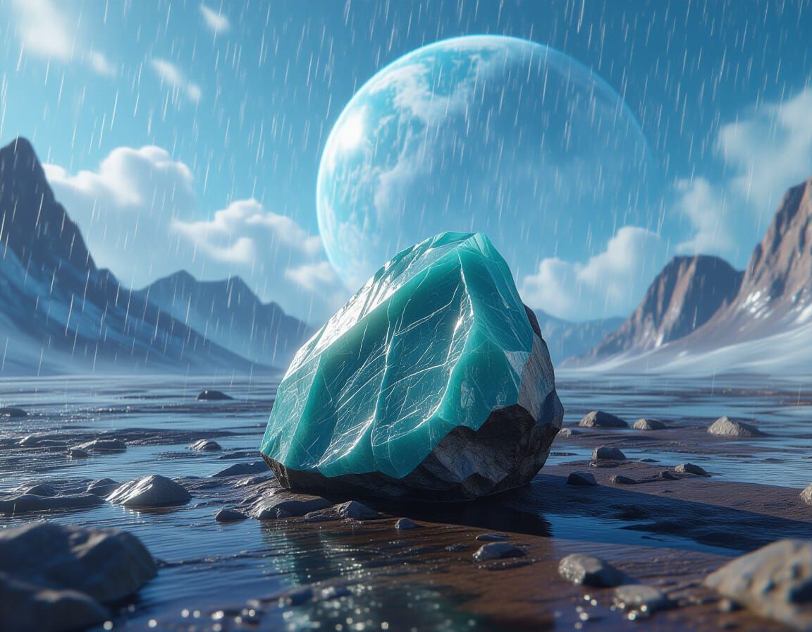 Alien Planet With Ice World & Amazonite Growth