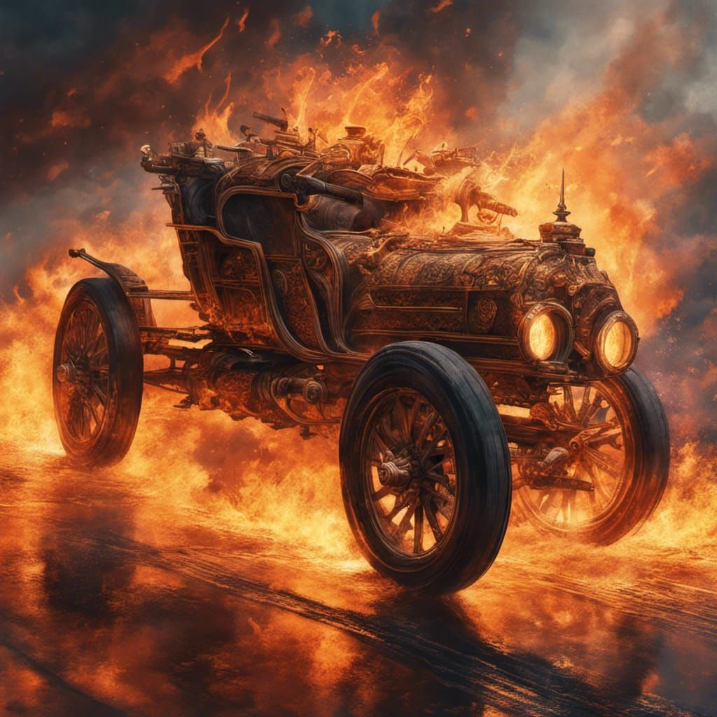 Burning Chariots: Hyperrealistic Splash Art Concept