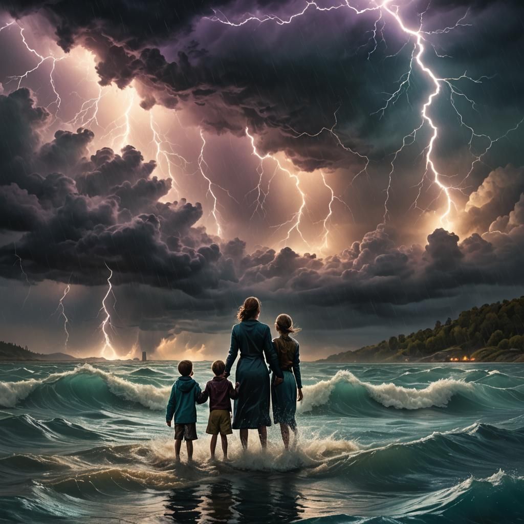 Turbulent Lake: Mother and Son in Approaching Storm
