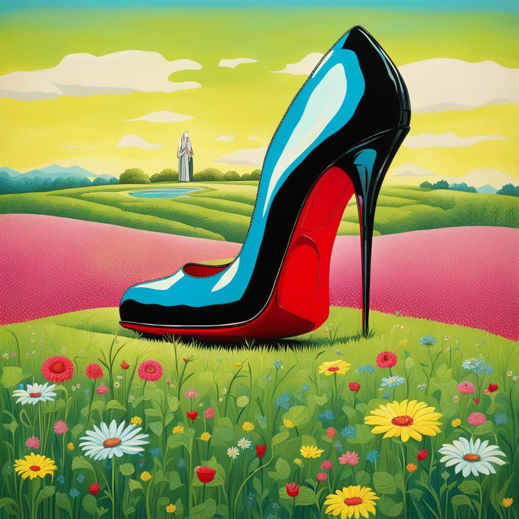 Giant Red High Heel in Meadow: Surreal Pop Art