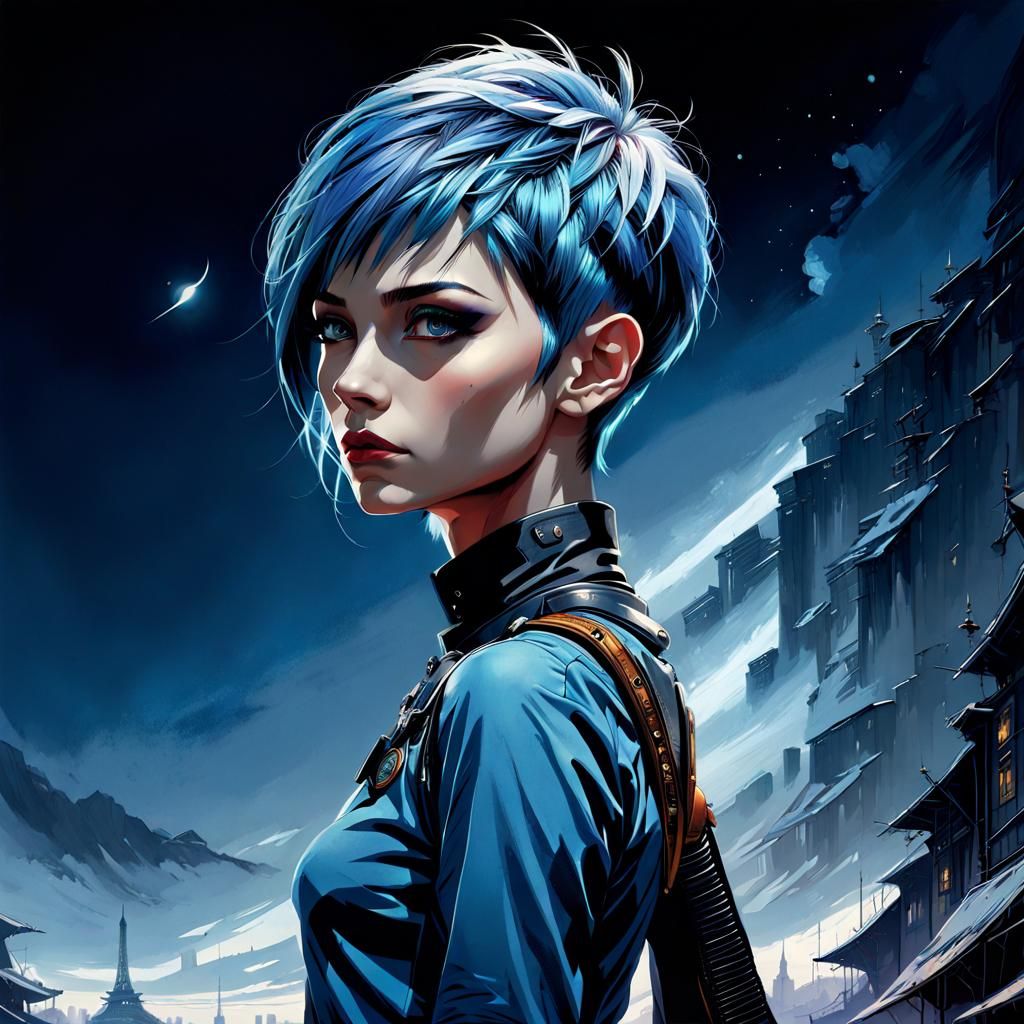 Determined Blue-Haired Woman: Digital Matte Painting