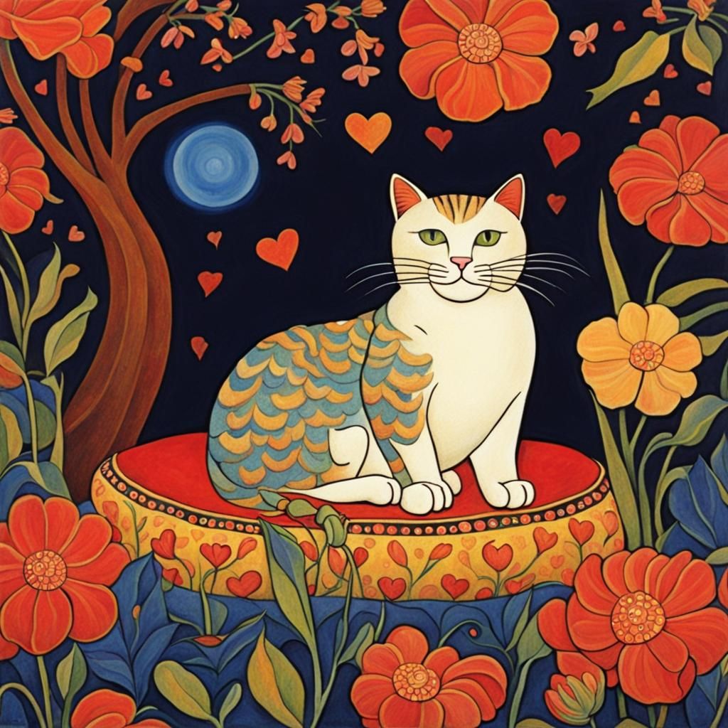 Cat on Pillow Surrounded by Flowers in Impressionist Style