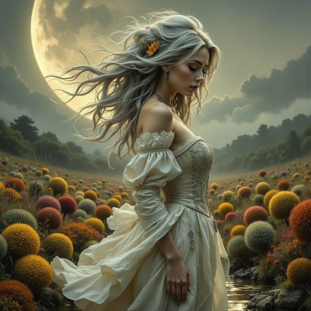Surreal Woman With Flowing Silver Hair in Dreamlike Setting
