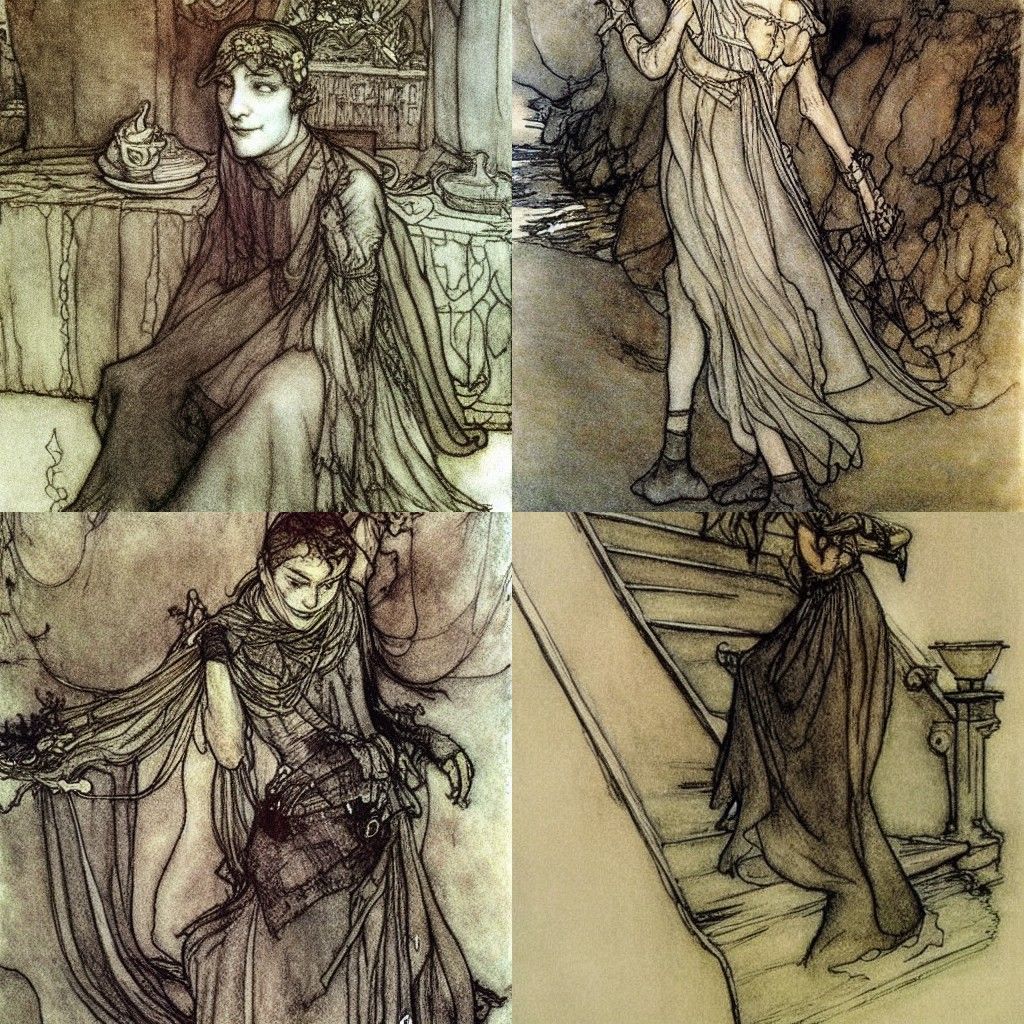 Enchanted Forest Scene in Arthur Rackham Style