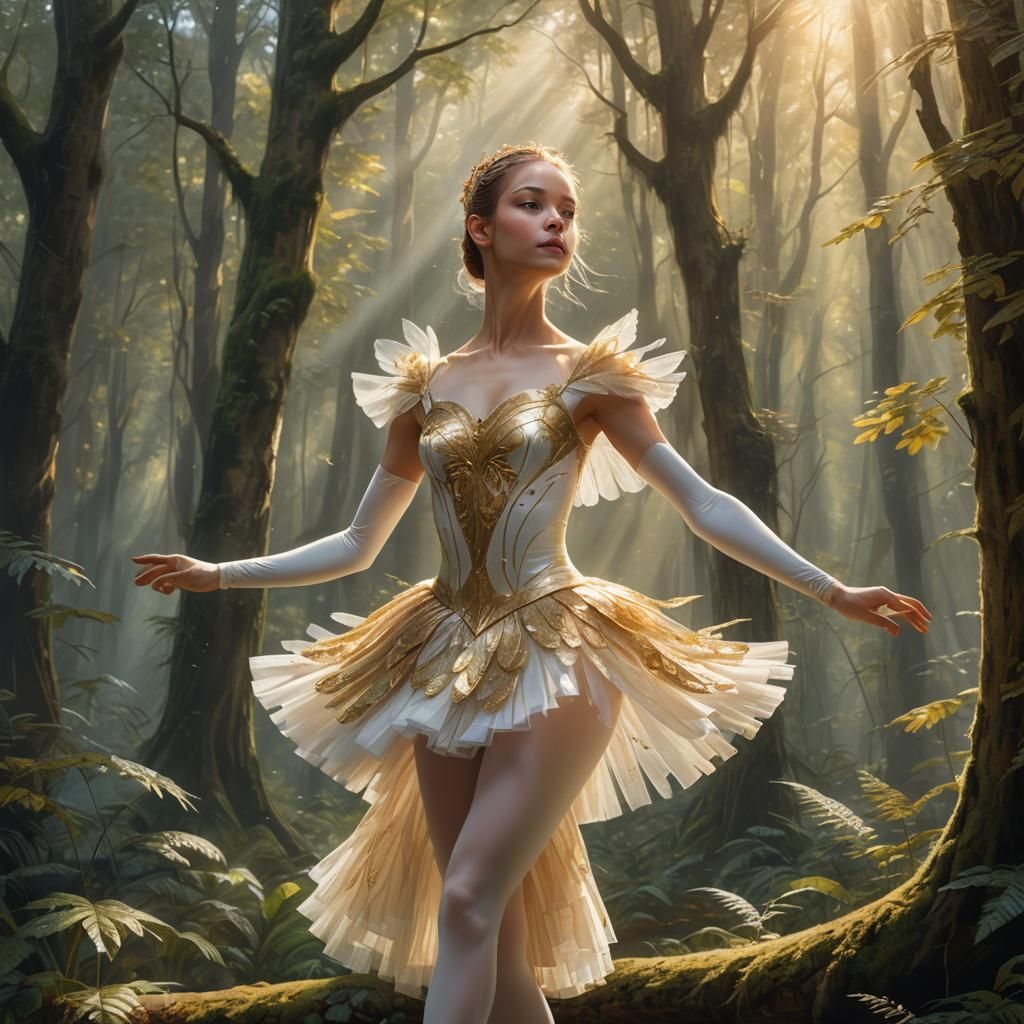 Ballerina in Mystical Forest: Oil Painting and 3D Rendering
