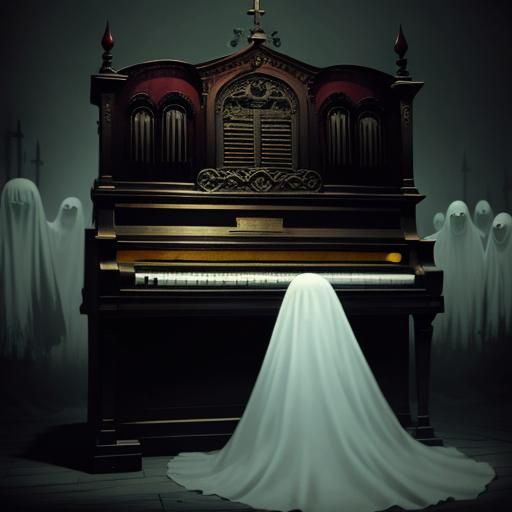 Crazy Ghost Plays Haunted Organ in Cartoon Style
