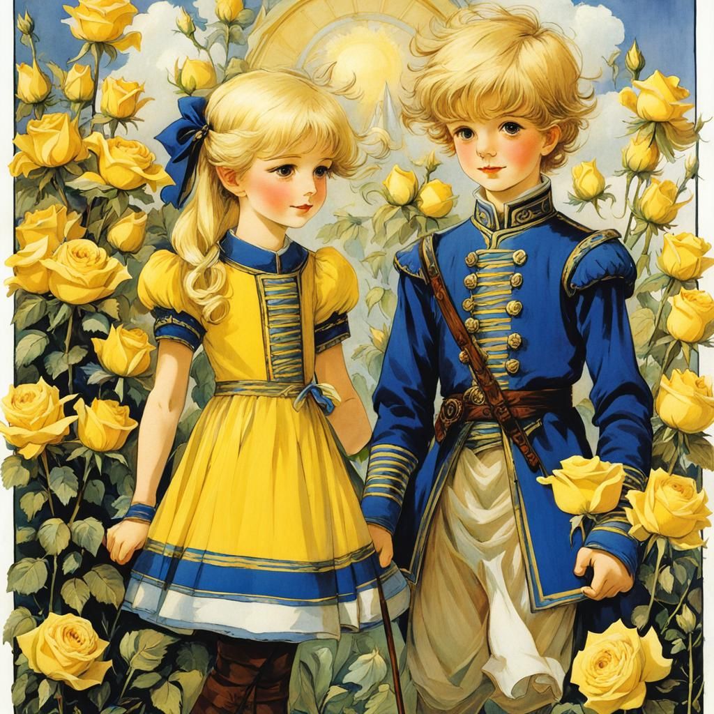 Children in a Sunlit Rose Garden, Arthur Rackham Style