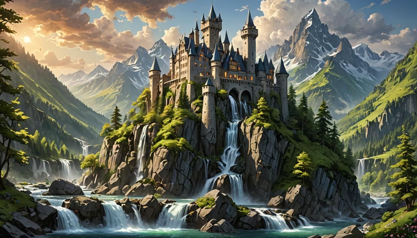 Majestic Castle Amidst Towering Peaks and Waterfalls
