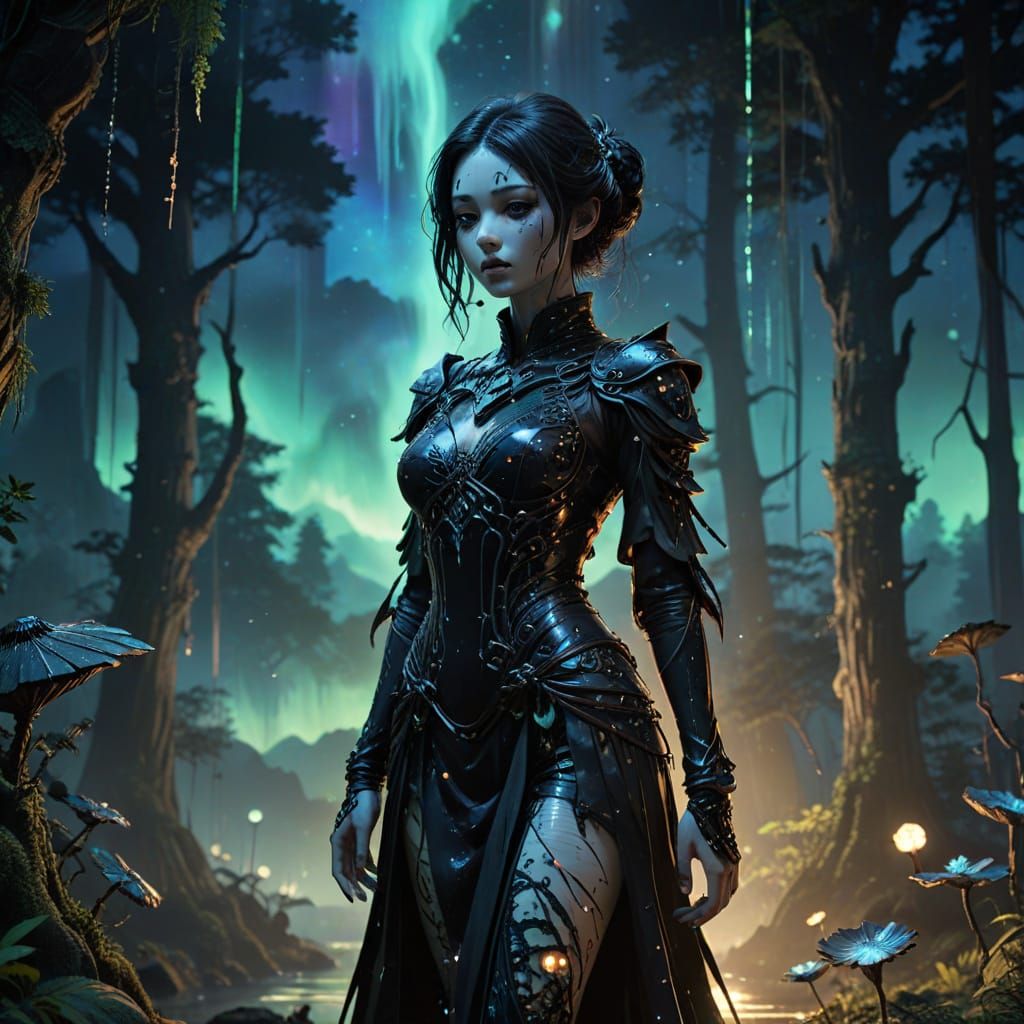 Clockwork Doll in Bioluminescent Rainforest, Anime Art