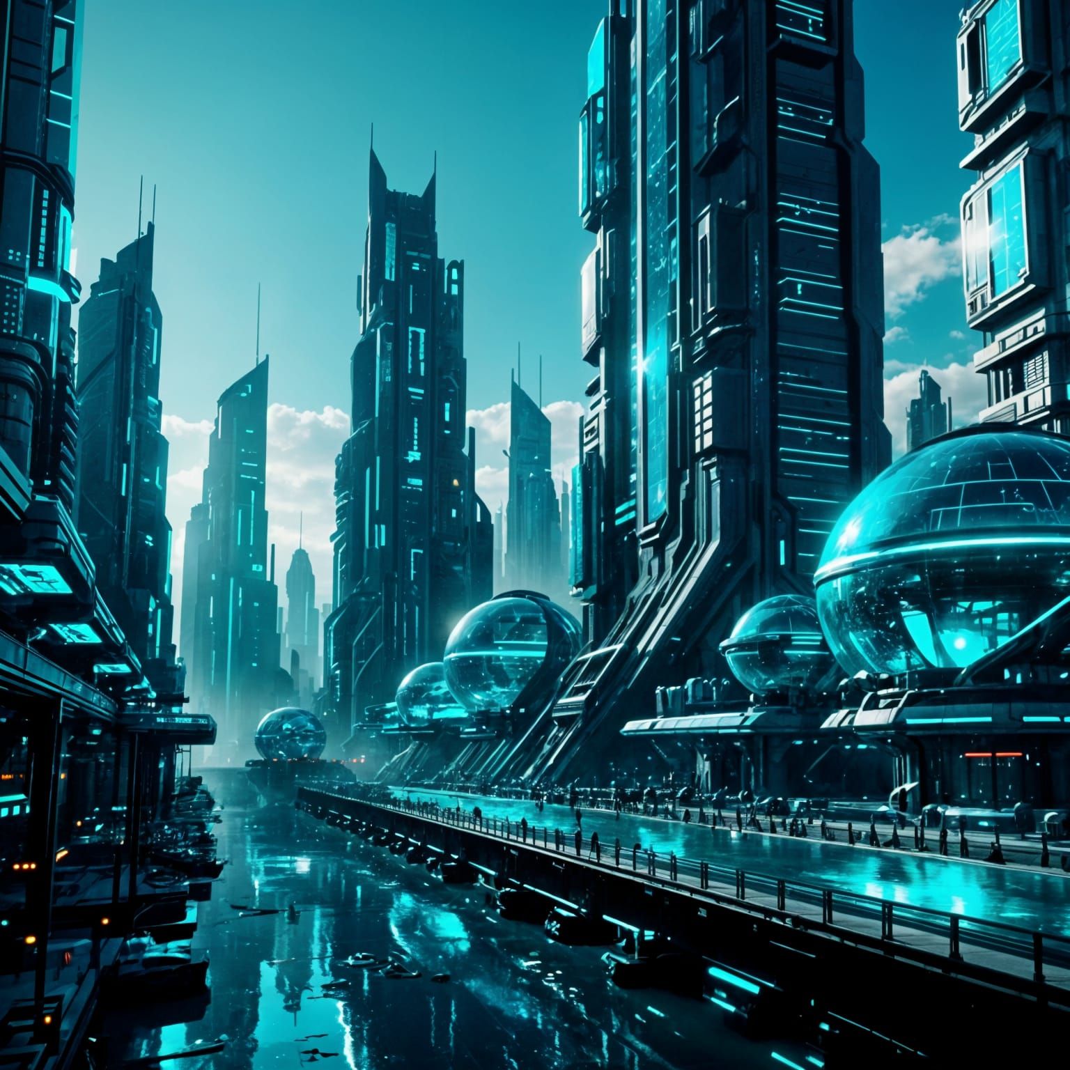 Epic Futuristic Turquoise Cityscape in Hyperrealistic Detail