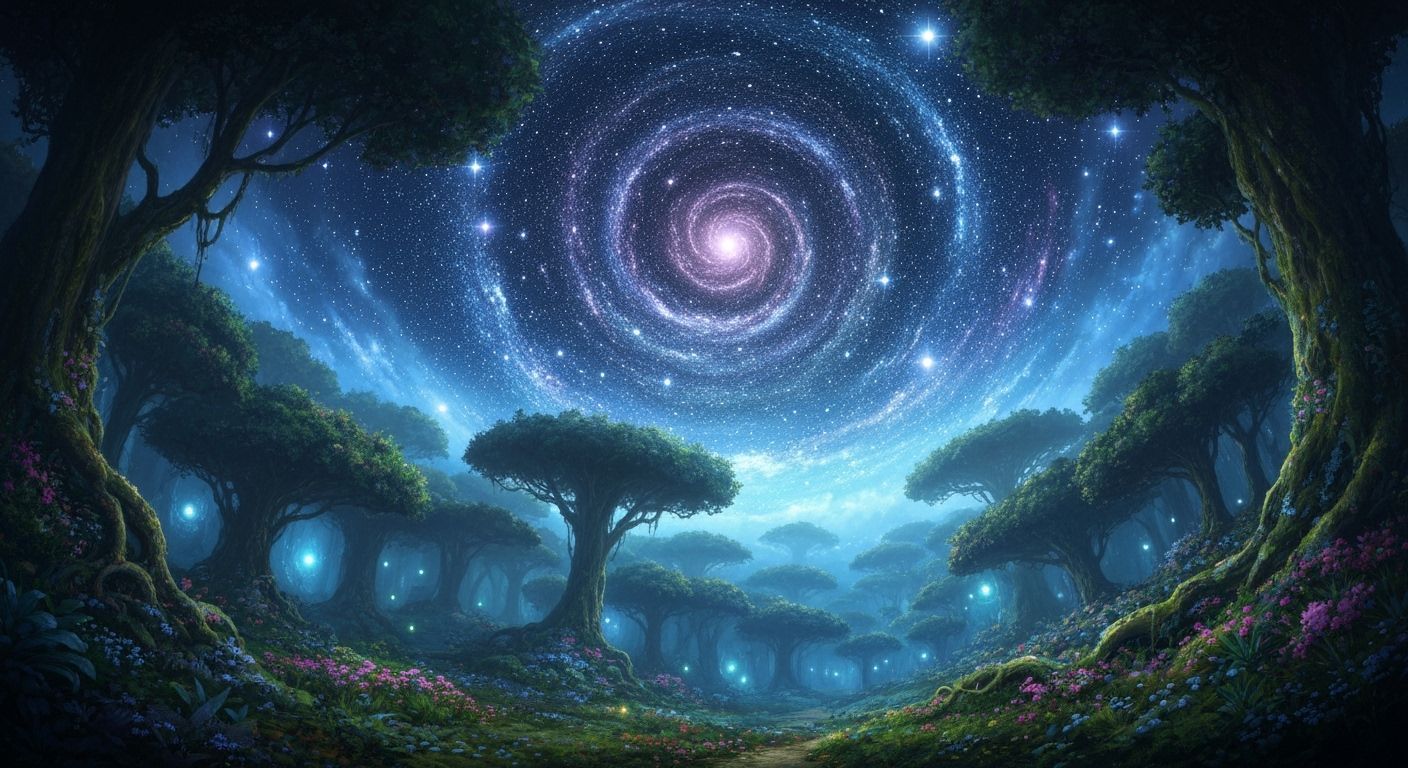 Magical Forest Under Starry Night Sky