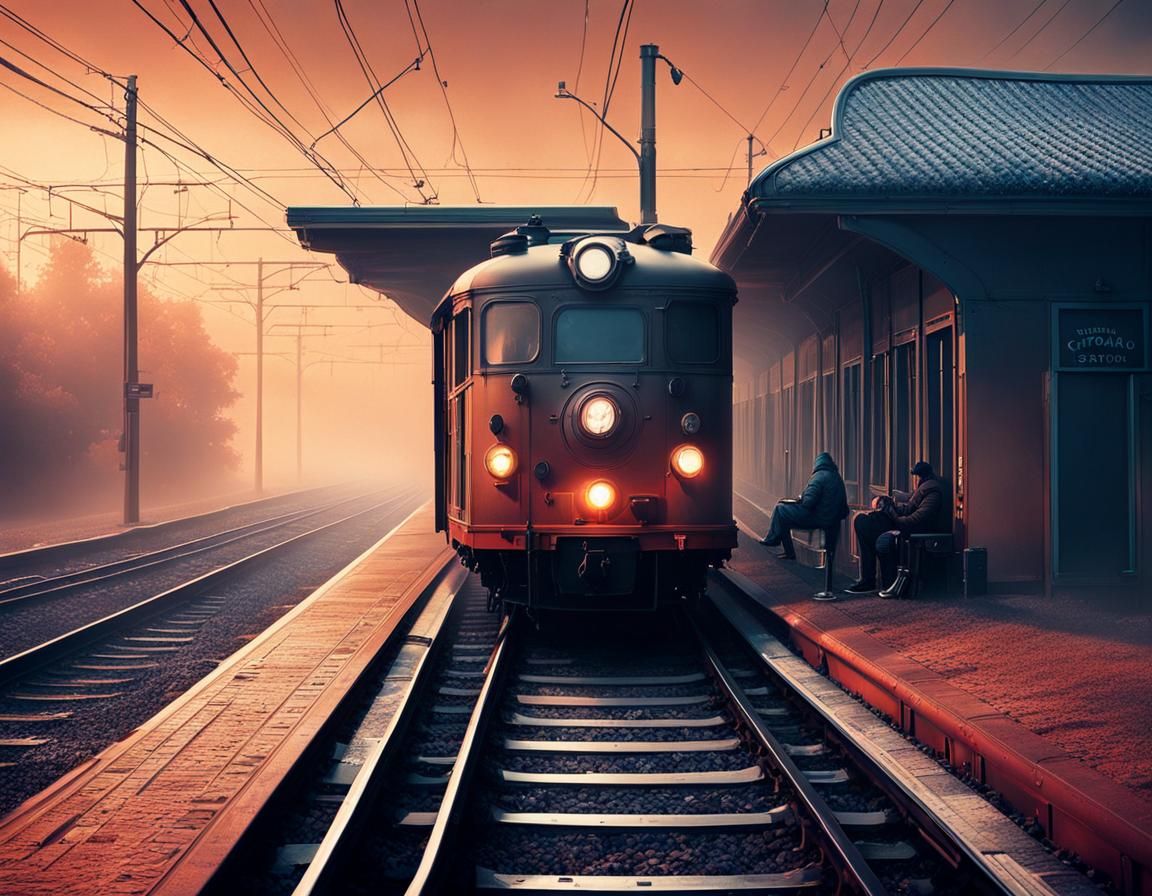 Lonely Train Station in Morning Mist: Surreal Art