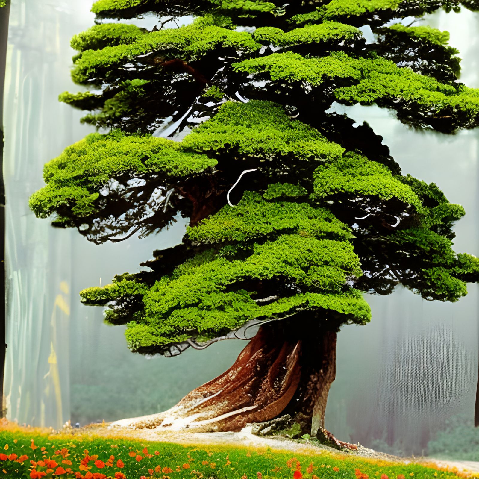 Juniper Bonsai in Misty Klimt-Style Landscape