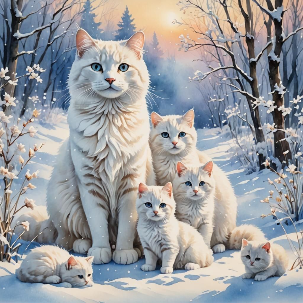 Watercolor Snow Cat Family in Winter Landscape