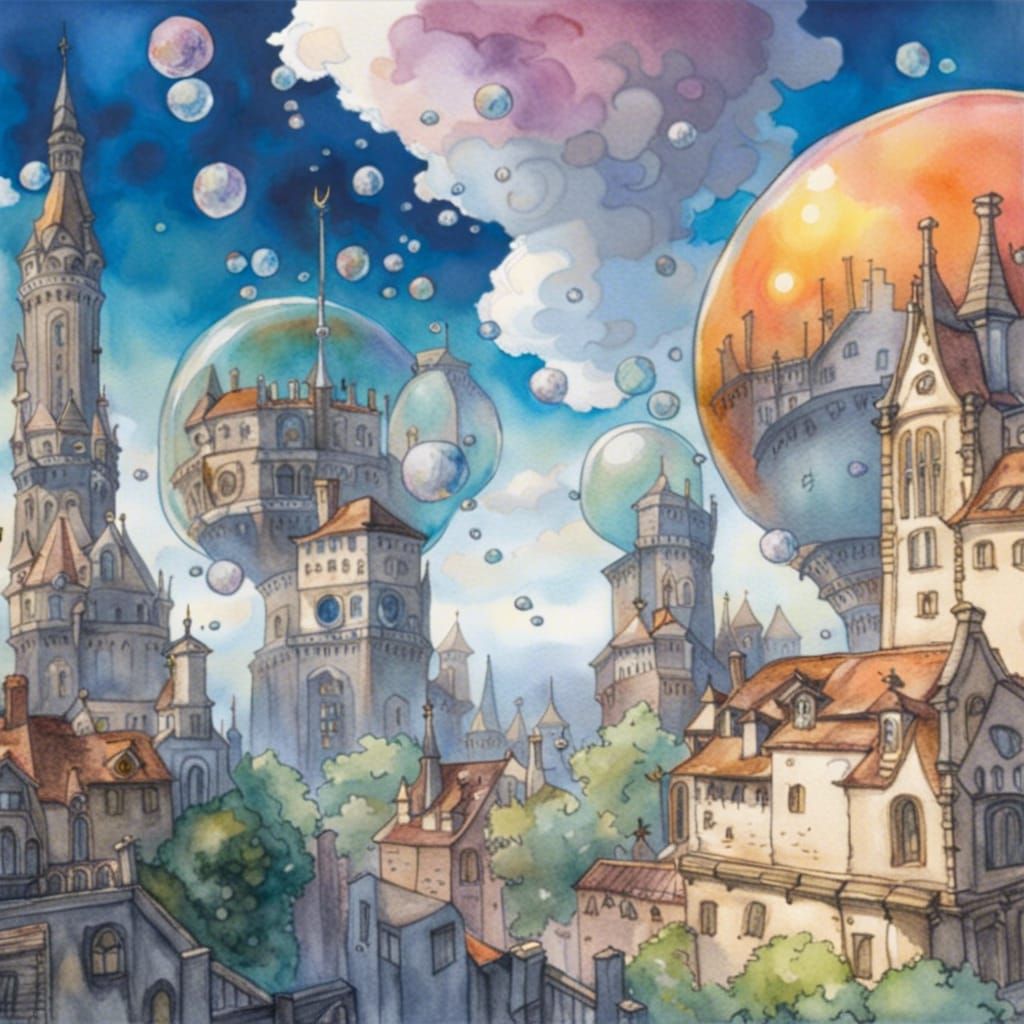 Floating Fantasy City in Sky: Ghibli-Inspired Watercolor