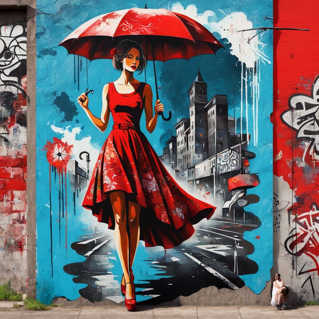 Street Art Painting of Woman with Umbrella