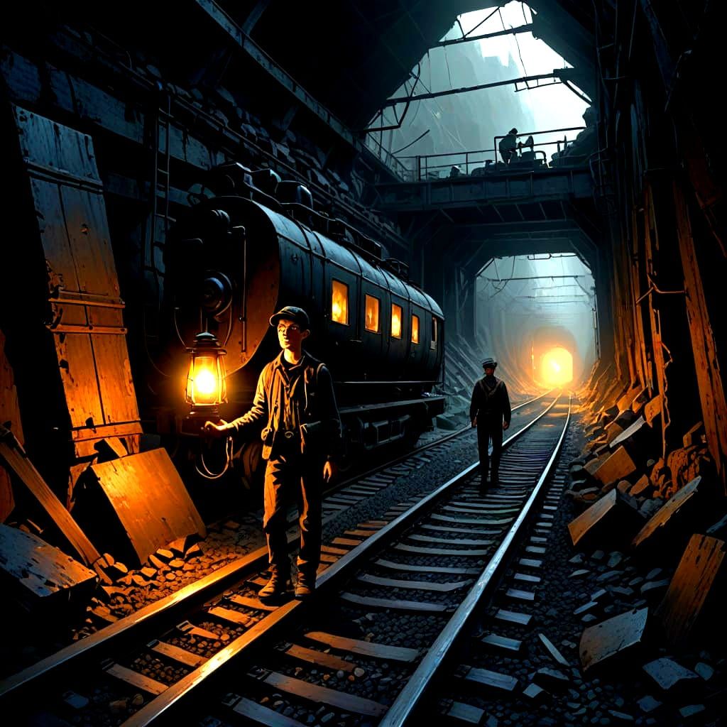 Boys Exploring Dark Mine in Sinister Retro Style