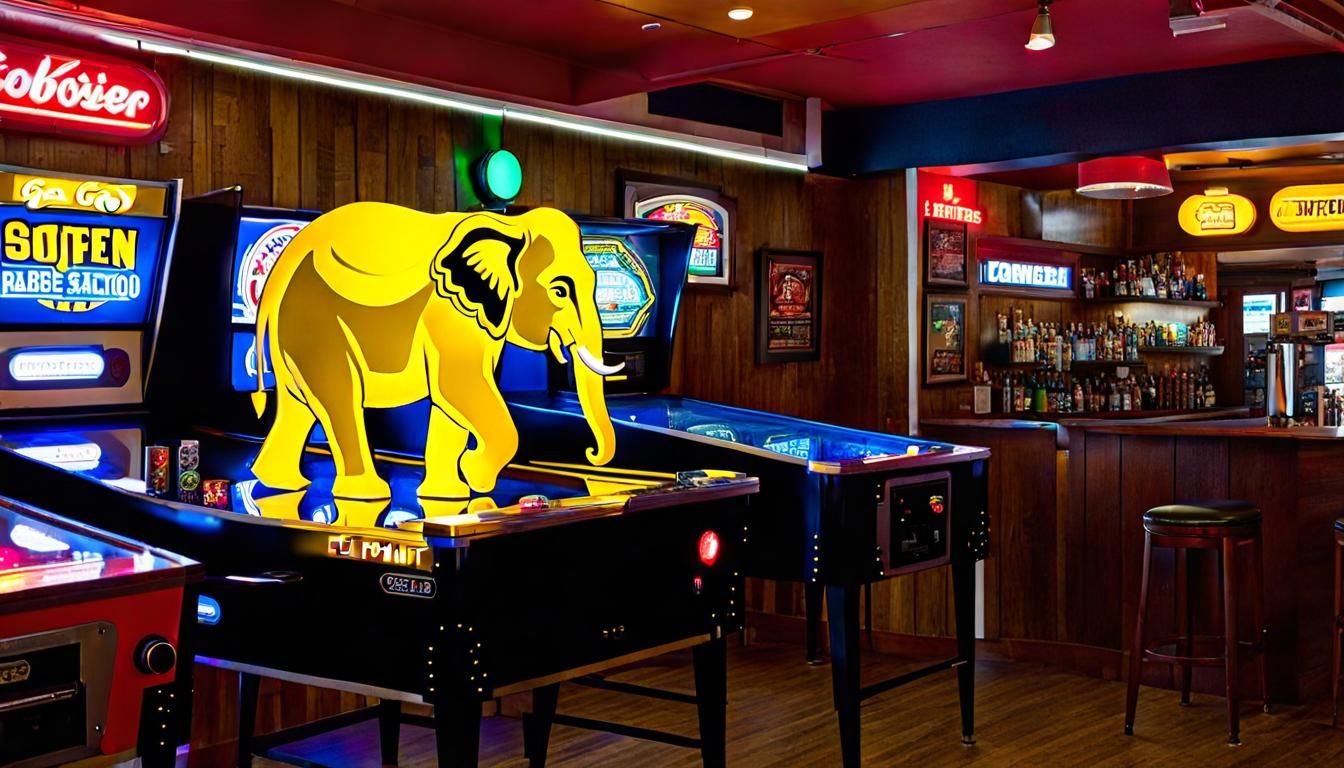 Yellow Elephant Plays Pinball at Gas Station Bar