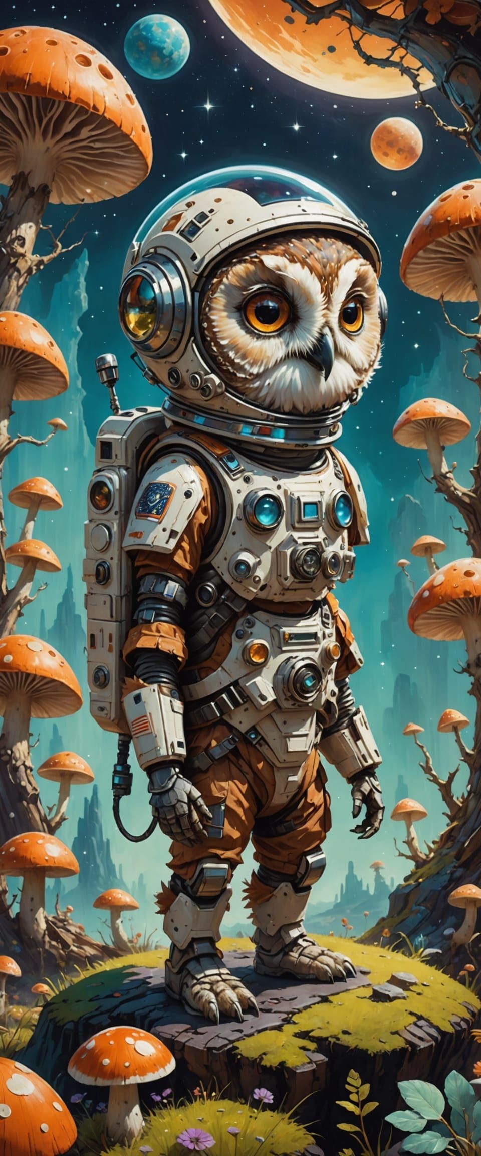 Whimsical Owl Astronaut Among Glowing Mushrooms