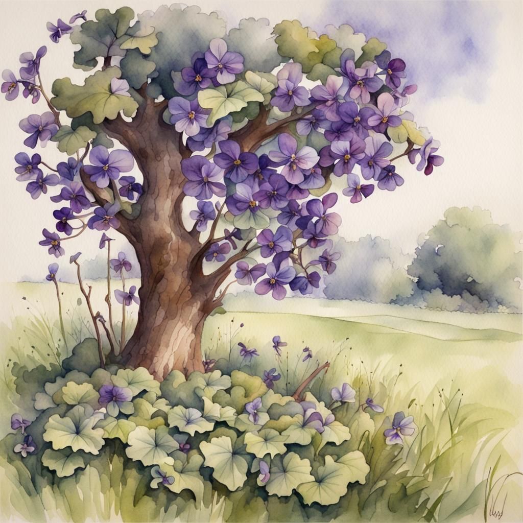 Oak Tree with Wild Violets Watercolor Painting