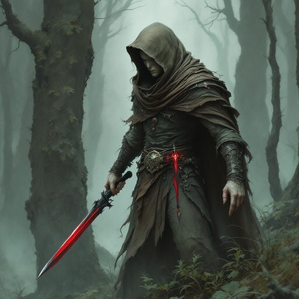 Pale Elf with Daggers in Misty Forest