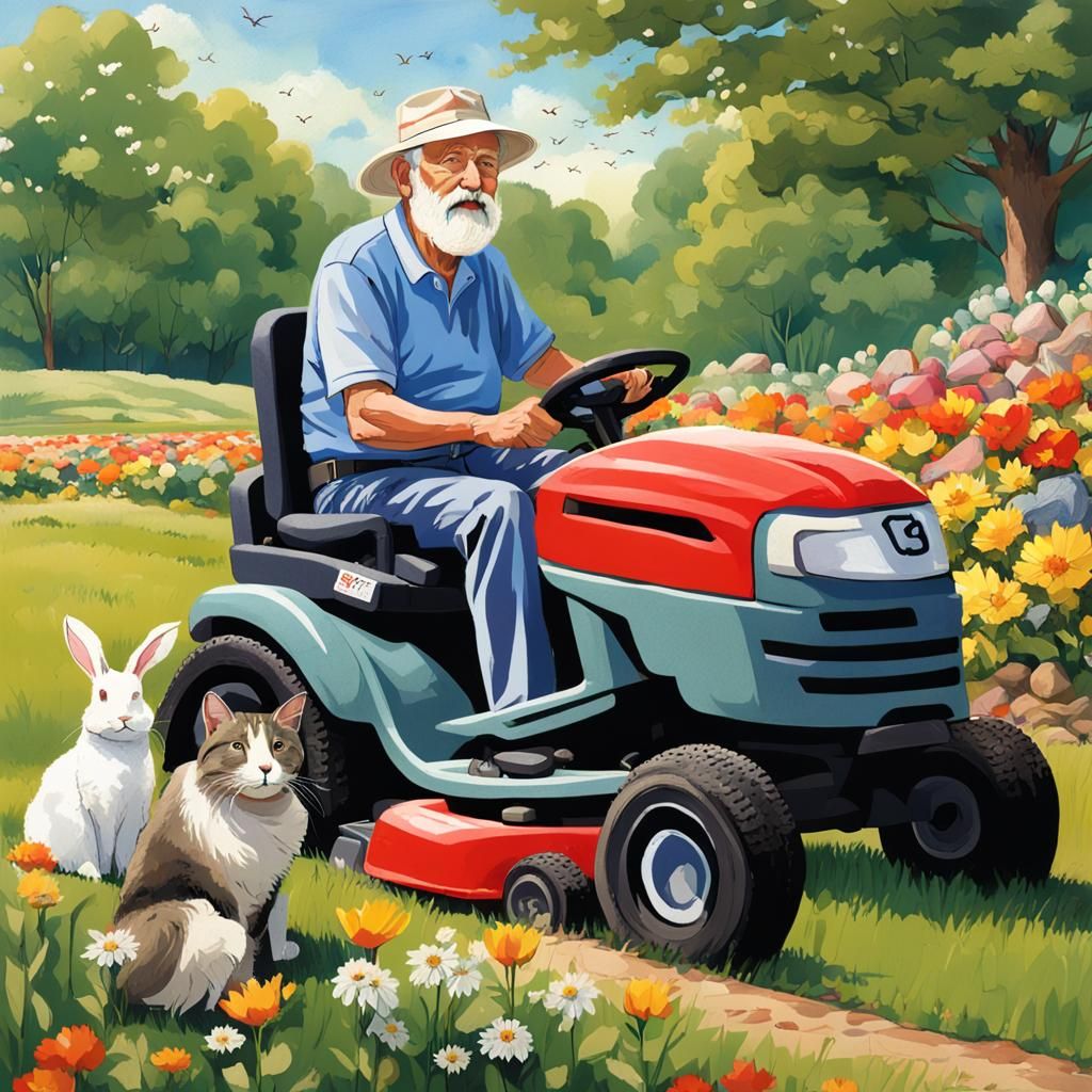 Elderly Man Mowing Lawn with Pets, Digital Art