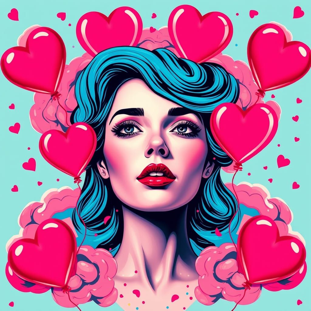 Vibrant Pop Art Surrealism with Heart-Shaped Balloons and Cl...