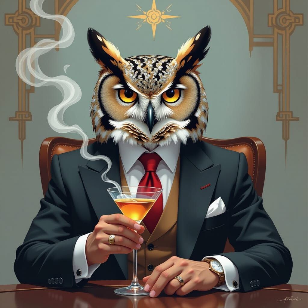 Anthropomorphic Owl Sipping Martini in Bauhaus Style
