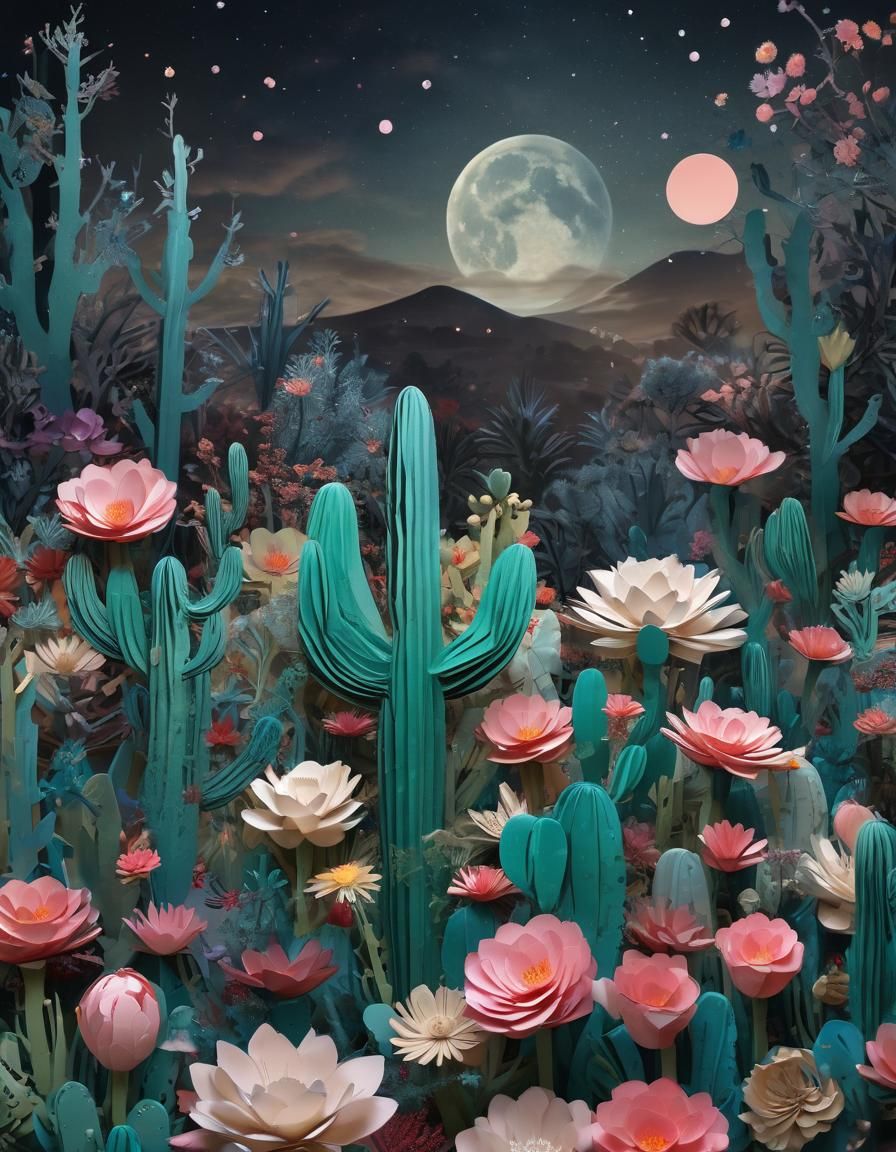 Blooming 3D Paper Cactus in Surreal Moonlight