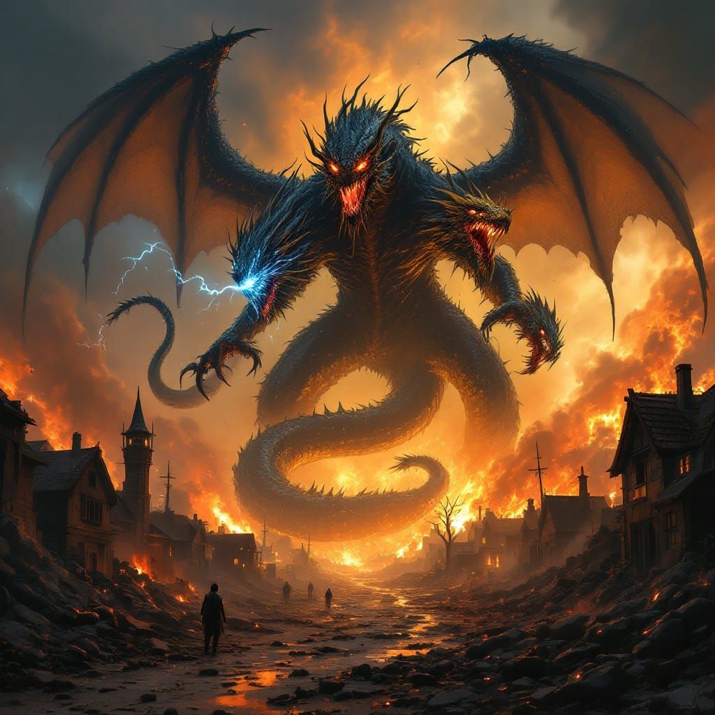 Gargantuan Dark Fantasy Hydra Amidst Ruins in Cyberpunk Styl...