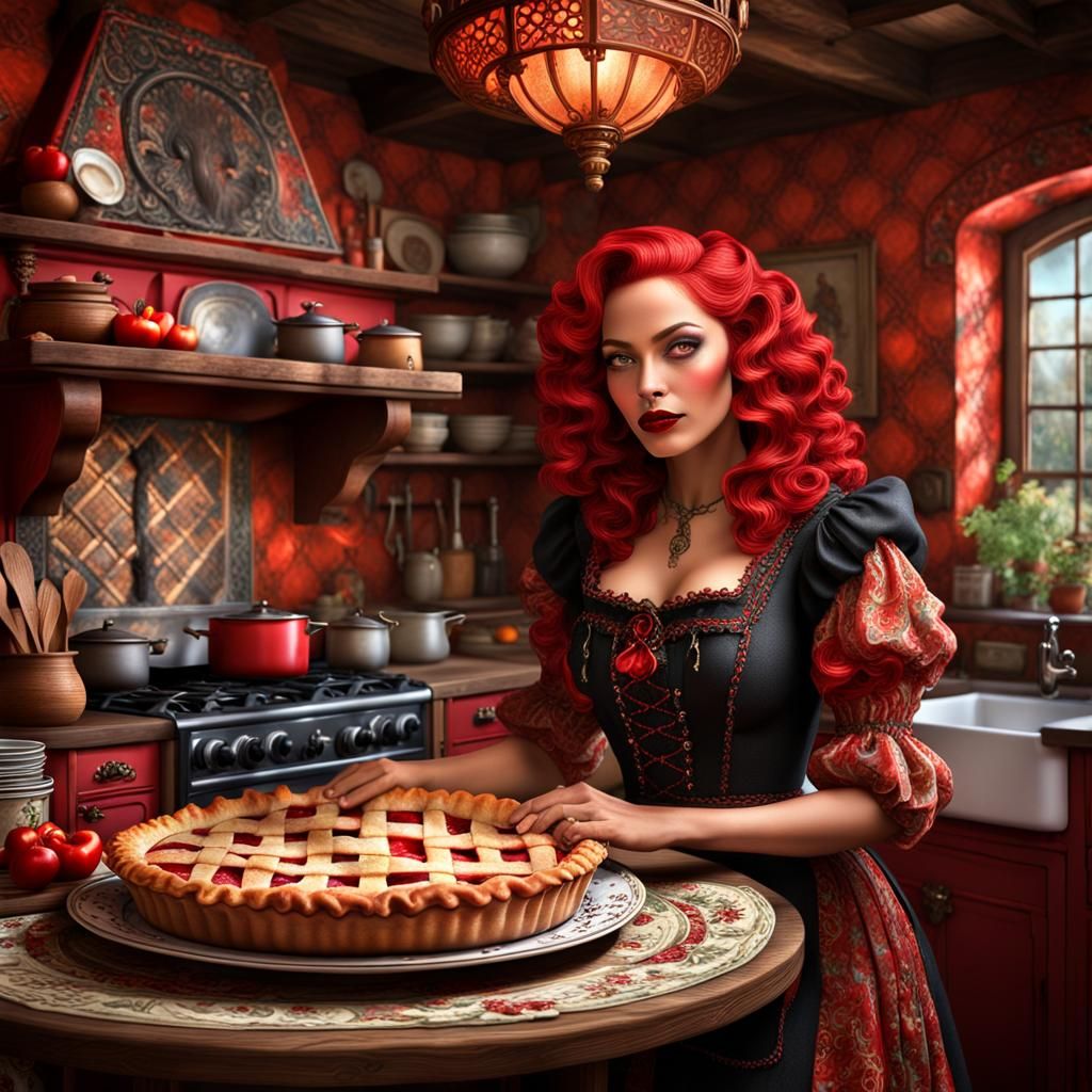 cherry pie in a charming gothic-themed cottage kitchen