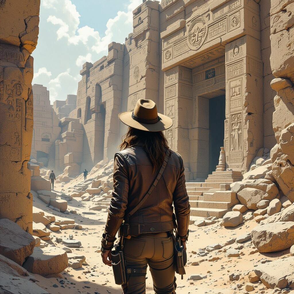 Archeologist in Atlantis Ruins as Digital Art