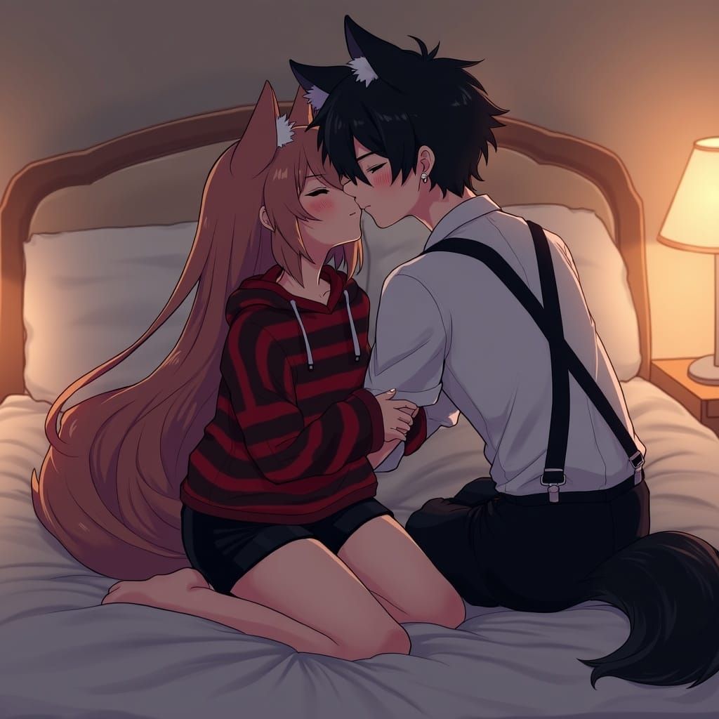 Anime Couple in Intimate Moment, Wolf Ears and Tail