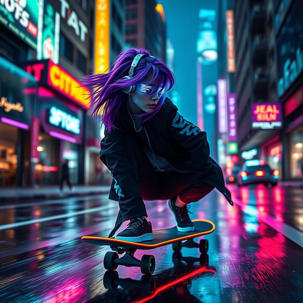 Neon Skatergirl Speeds Through Futuristic City
