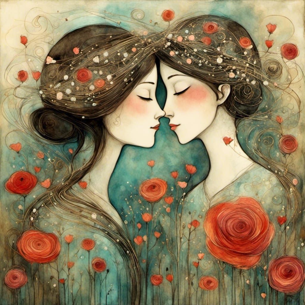 Faces United in Love Amidst Floral Patterns